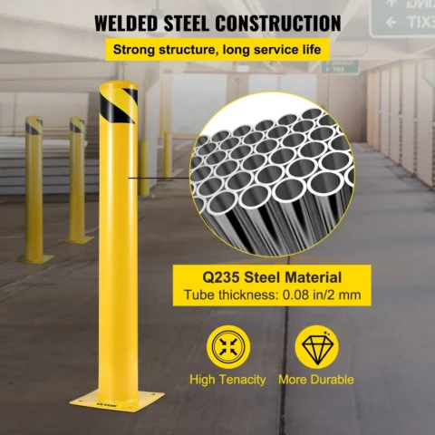VEVOR Safety Bollard 48"x4.5" Safety Barrier Bollard 4-1/2" OD 48" Height Yellow Powder Coat Pipe Steel Safety Barrier with 4 Free Anchor Bolts for Traffic-Sensitive Area