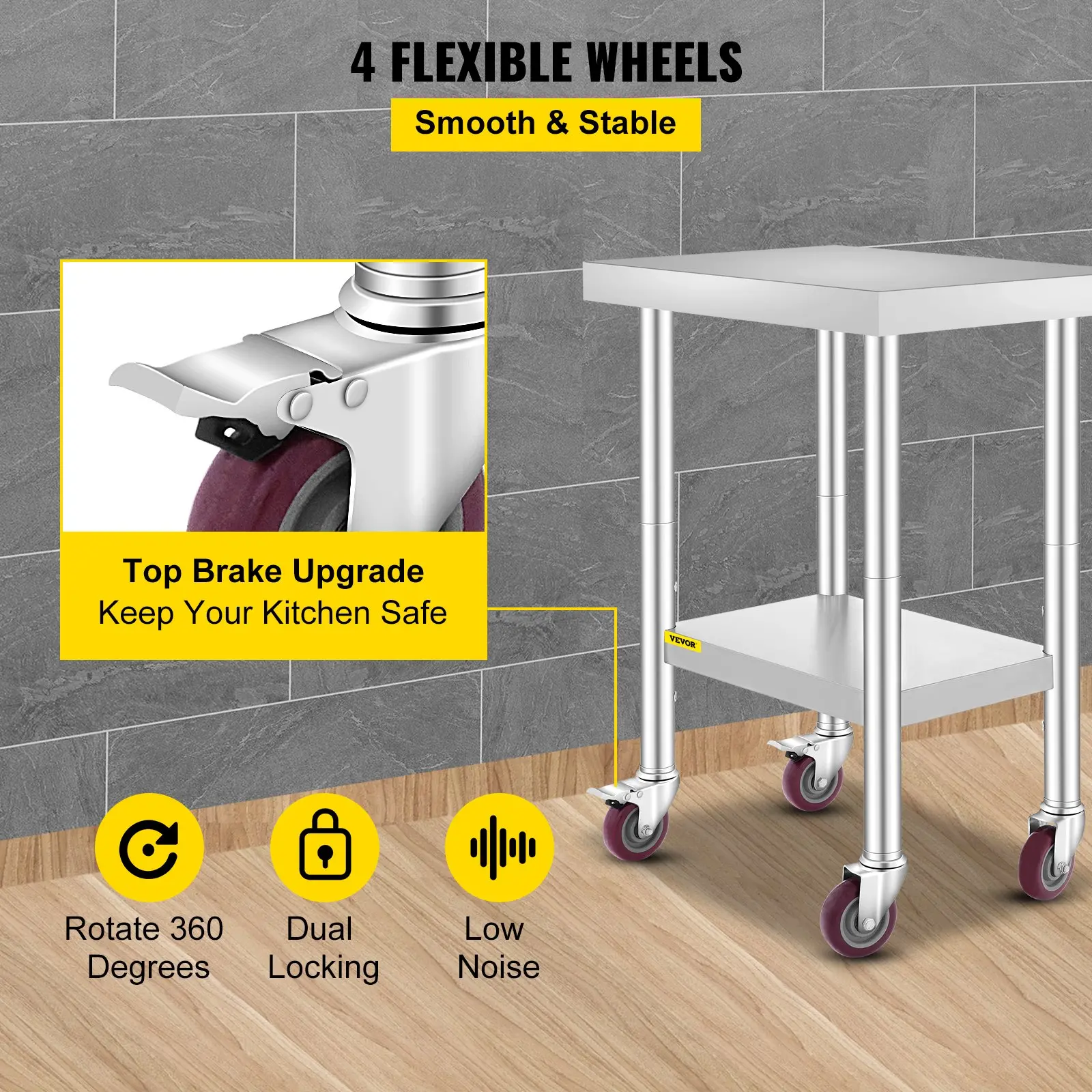 VEVOR Stainless Steel Work Table 24 x 18 x 34 Inch, 700 LBS Load Capacity with 4 Wheels, 3 Adjustable Height Levels, Heavy Duty Food Prep Worktable for Commercial Kitchen Restaurant, Silver - Image 4