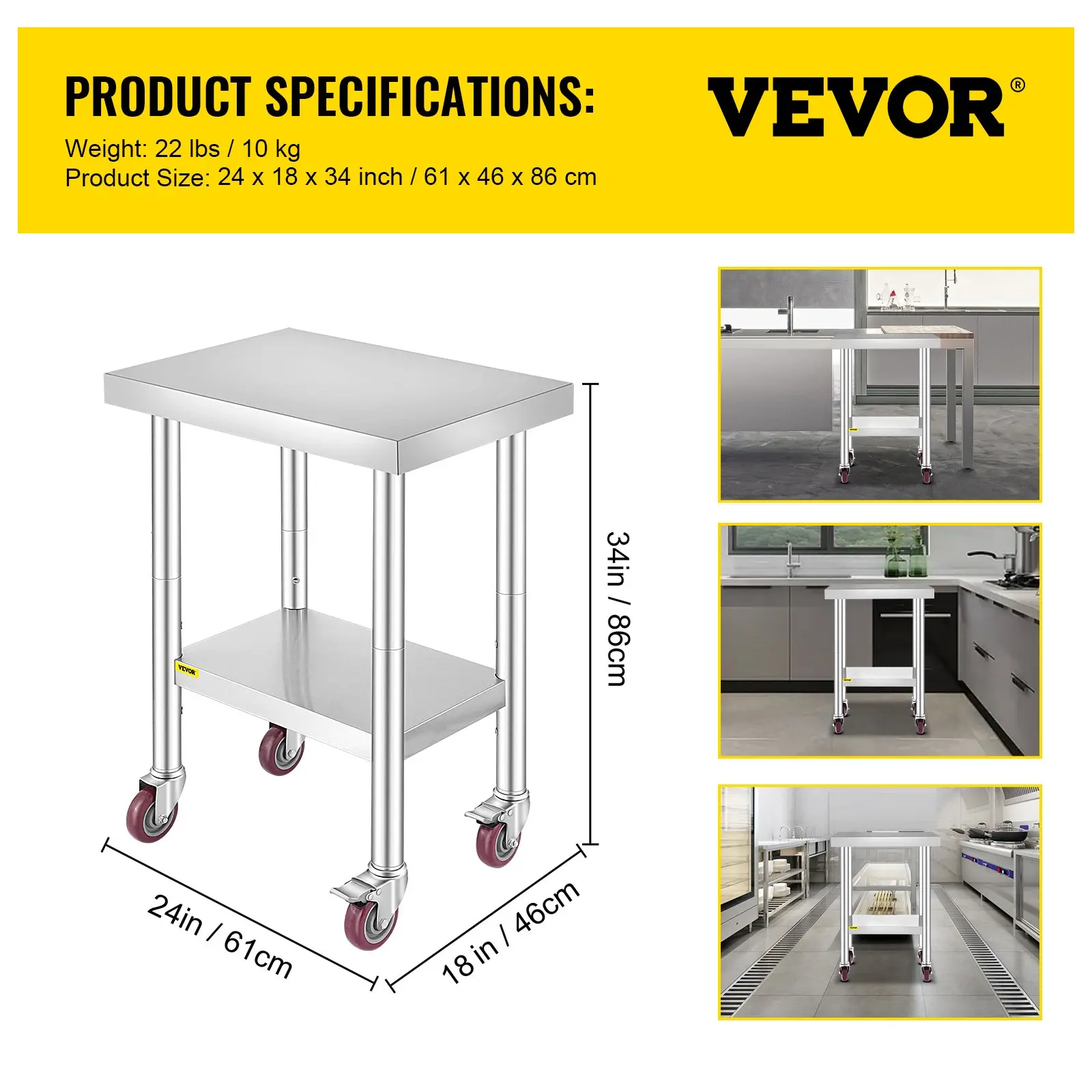 VEVOR Stainless Steel Work Table 24 x 18 x 34 Inch, 700 LBS Load Capacity with 4 Wheels, 3 Adjustable Height Levels, Heavy Duty Food Prep Worktable for Commercial Kitchen Restaurant, Silver - Image 6