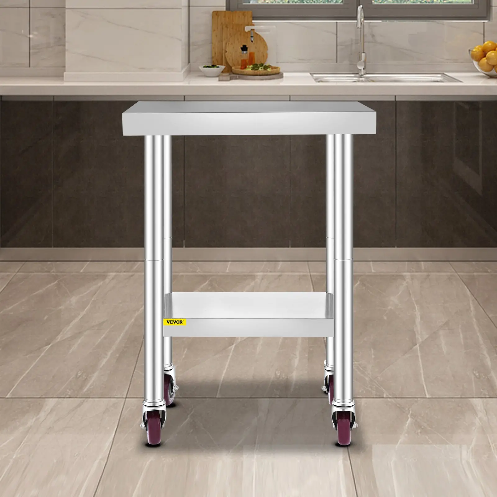 VEVOR Stainless Steel Work Table 24 x 18 x 34 Inch, 700 LBS Load Capacity with 4 Wheels, 3 Adjustable Height Levels, Heavy Duty Food Prep Worktable for Commercial Kitchen Restaurant, Silver - Image 7