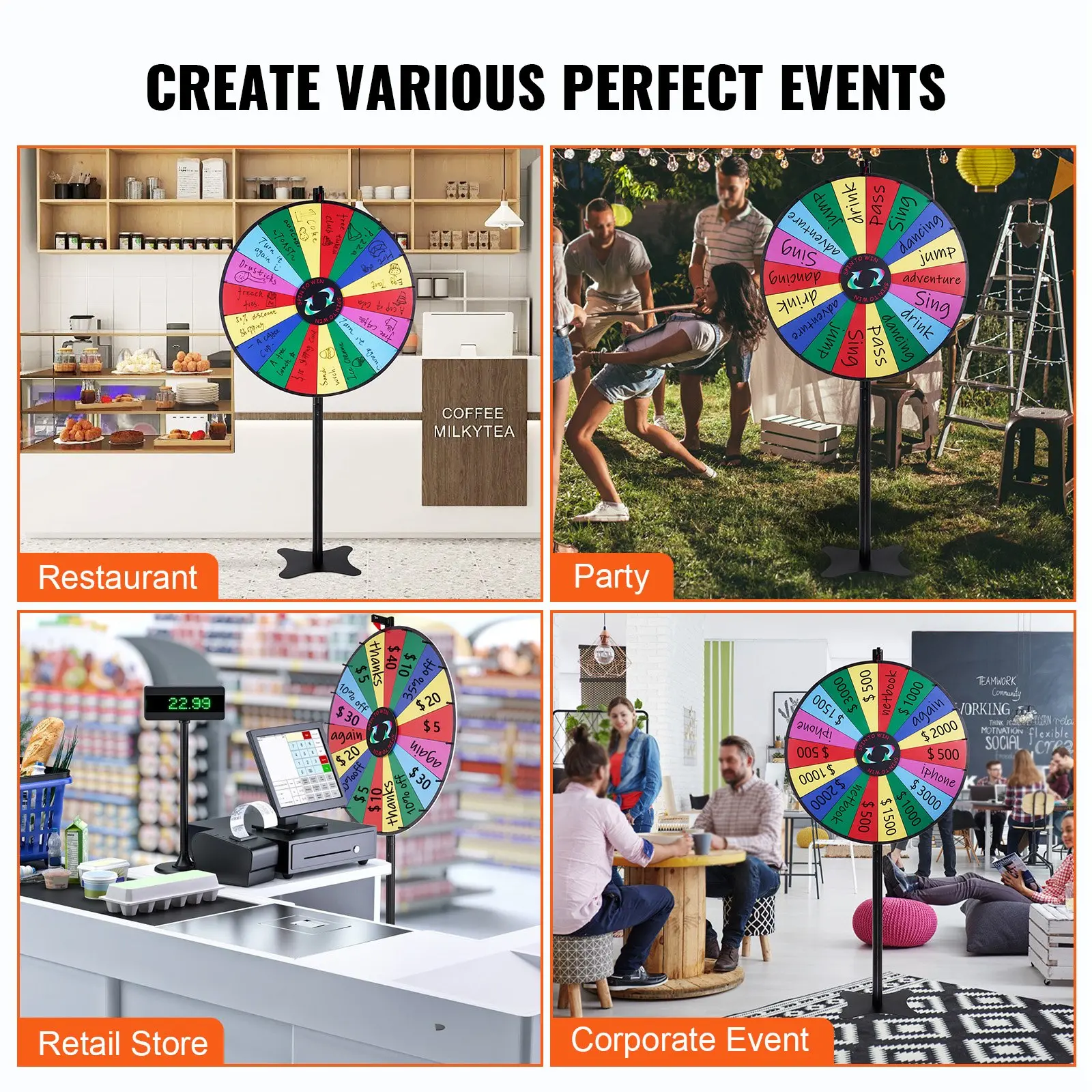 VEVOR 36 inch Spinning Prize Wheel, 18 Slots Spinning Wheel, Roulette Wheel with a Dry Erase and 2 Markers, Tabletop or Floor Standing Win Fortune Spin Games in Party Pub Trade Show Carnival - Image 4