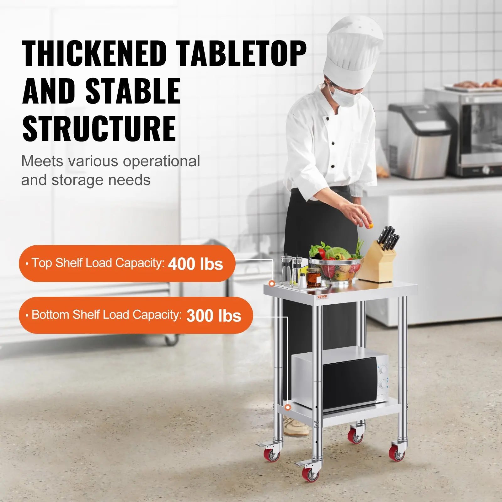 VEVOR Stainless Steel Work Table 24 x 18 x 34 Inch, 700 LBS Load Capacity with 4 Wheels, 3 Adjustable Height Levels, Heavy Duty Food Prep Worktable for Commercial Kitchen Restaurant, Silver - Image 12