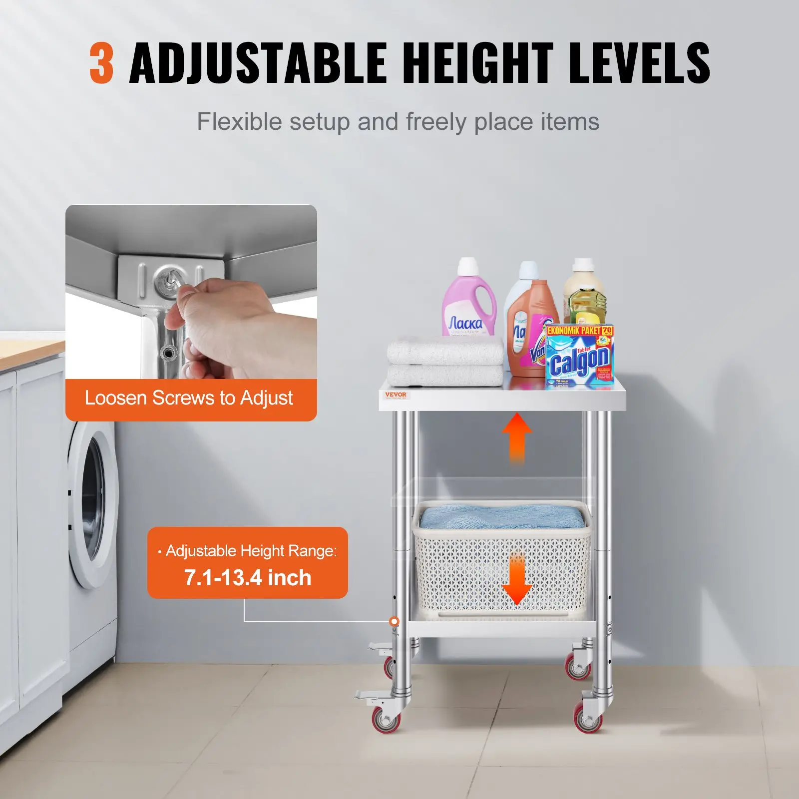 VEVOR Stainless Steel Work Table 24 x 18 x 34 Inch, 700 LBS Load Capacity with 4 Wheels, 3 Adjustable Height Levels, Heavy Duty Food Prep Worktable for Commercial Kitchen Restaurant, Silver - Image 14
