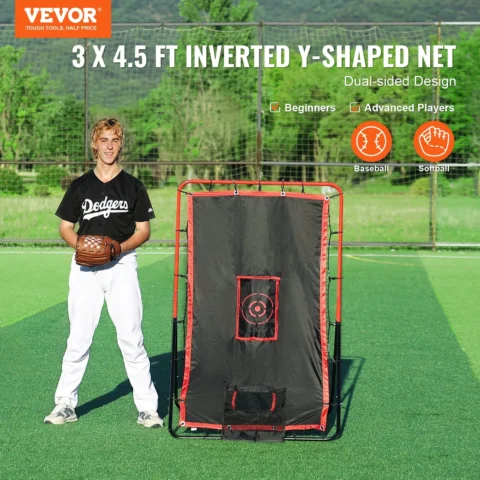 VEVOR Baseball And Softball Rebounder Net, 3.5 x 4.5 ft 2-in-1 Switch Hitter Pitch Trainer, PitchBack Baseball Pitching Return Trainer Nest, Bounce Back Net for Fielding/Throwing Practice