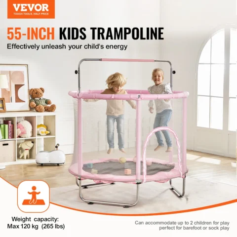 VEVOR 55" Kids Trampoline, 4.6FT Indoor Outdoor Trampoline, Mini Toddler Recreational Trampolinewith Safety Enclosure Net and Basketball Hoop, Birthday Gifts Christmas Toys for 3+ Years Children, Pink