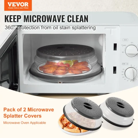 VEVOR 2PCS Microwave Splatter Covers, 10.4" Collapsible Microwave Lid for Food, 300F Heat-Resistant PP Splatter Guard for Plate Dish, Multi-Use Kitchen Colander Gadget for Washing Fruits Vegetables