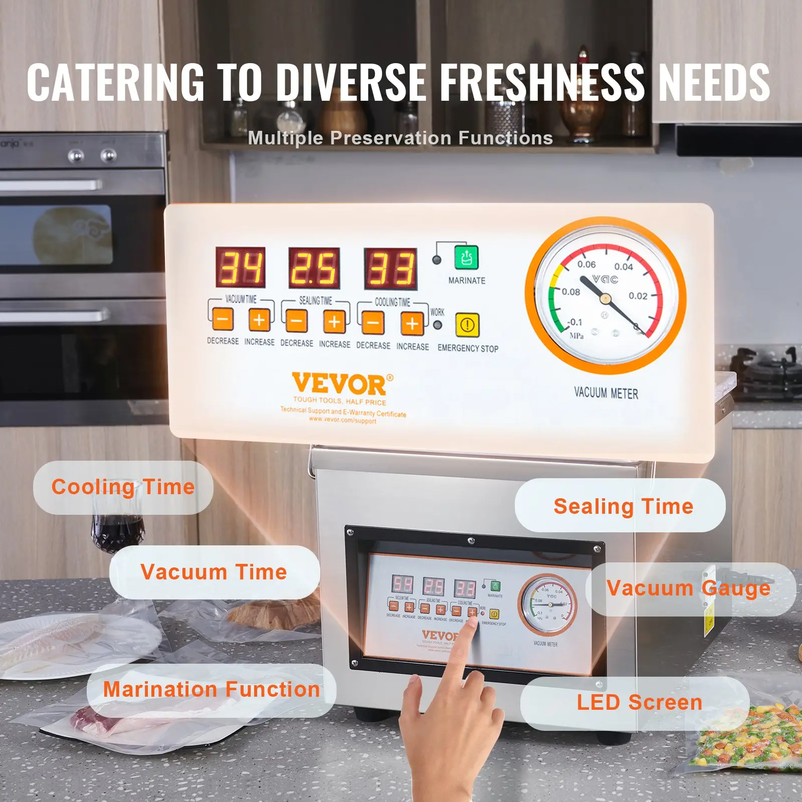 VEVOR Chamber Vacuum Sealer, 320W Sealing Power, Vacuum Packing Machine for Wet Foods, Meats, Marinades and More, Compact Size with 12.6 in Sealing Length, Applied in Home Kitchen and Commercial Use - Image 12