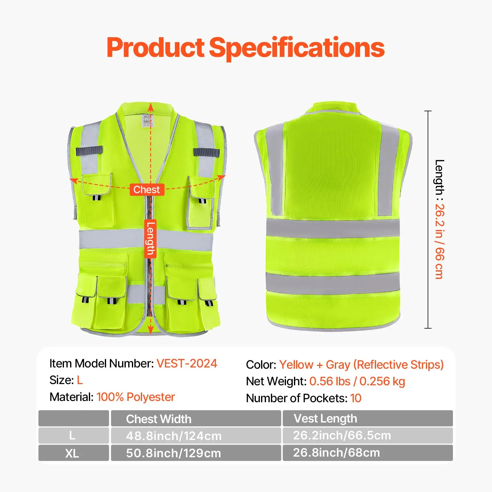 VEVOR Safety Vest, 10 Pockets Yellow Safety Vest, High Visibility Zipper Front Safety Vest with Reflective Strips, Hi Vis Work Construction Vest with Pockets and Walkie-Talkie Clip, for Men & Woman - Image 6