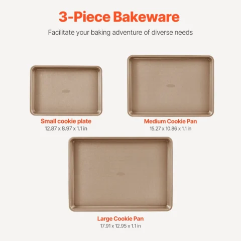 VEVOR Baking Pans Set, 3-Piece, Nonstick Carbon Steel Cookware Sheets & Trays, Stackable Kitchen Oven Bakeware Cooking Sets with Silicone Handles, Easy to Clean, for Baking Cookie Cake Muffin Bread