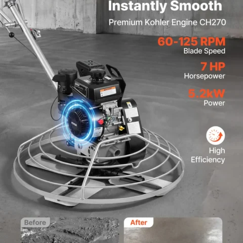 VEVOR Power Trowel, 38 inch Concrete Finishing Machine with Float Pan, 7HP Kohler Engine, 4 Blades, Adjustable Pitch, Gas-Powered Walk-Behind Cement Surface Finisher for Smooth Floors, Construction
