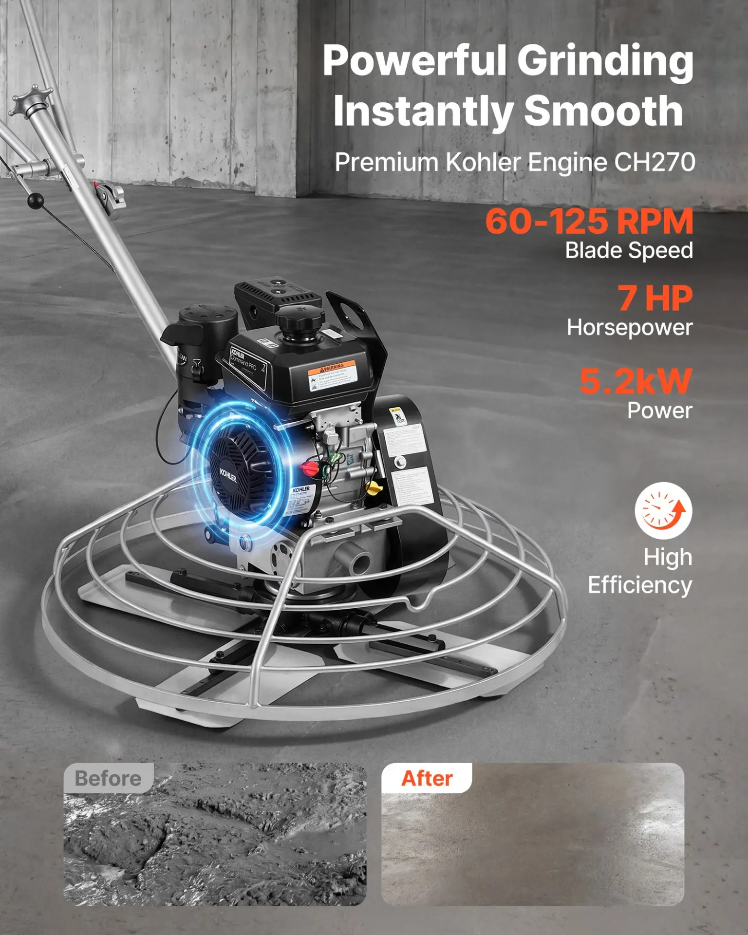 VEVOR Power Trowel, 38 inch Concrete Finishing Machine with Float Pan, 7HP Kohler Engine, 4 Blades, Adjustable Pitch, Gas-Powered Walk-Behind Cement Surface Finisher for Smooth Floors, Construction