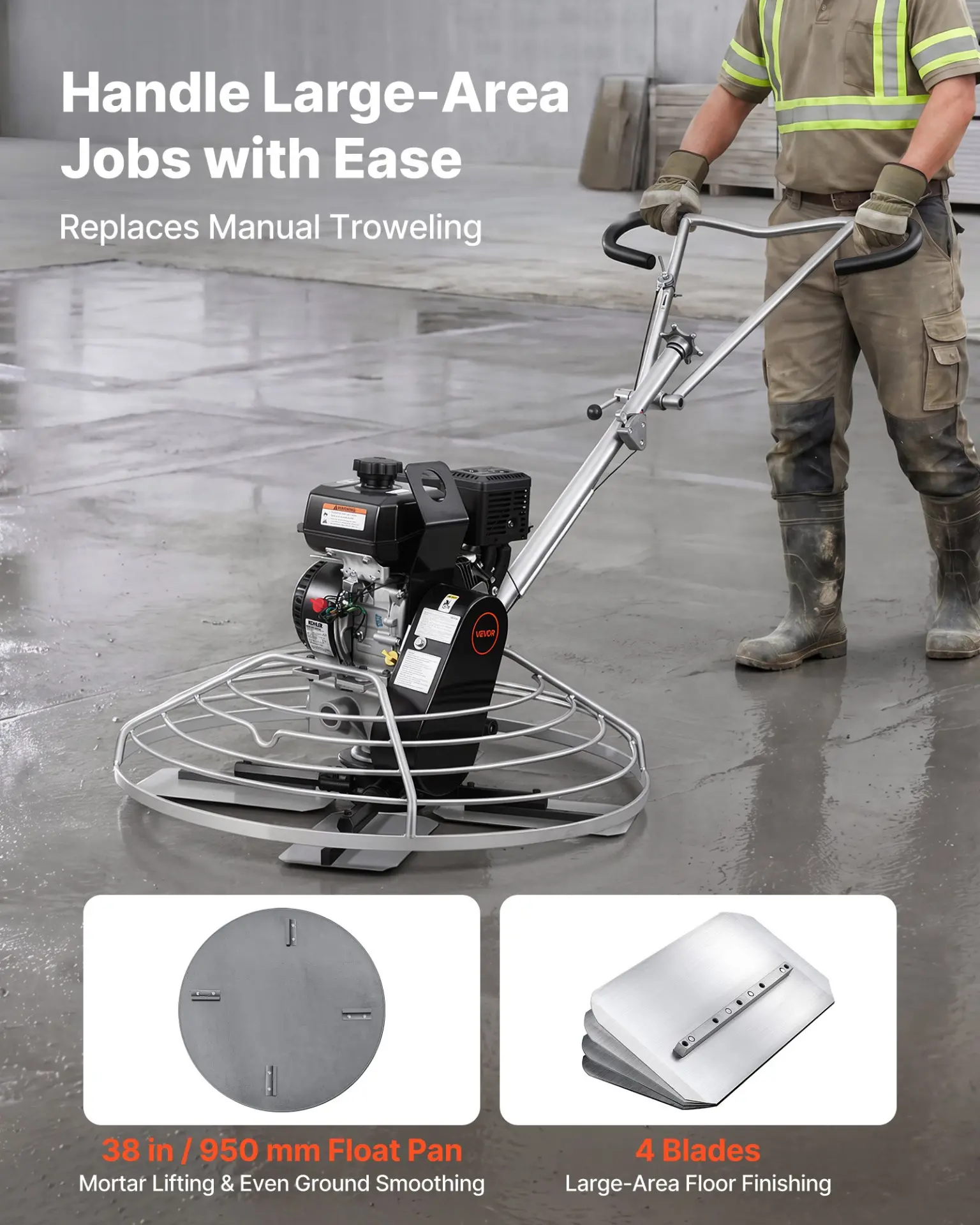 VEVOR Power Trowel, 38 inch Concrete Finishing Machine with Float Pan, 7HP Kohler Engine, 4 Blades, Adjustable Pitch, Gas-Powered Walk-Behind Cement Surface Finisher for Smooth Floors, Construction - Image 2
