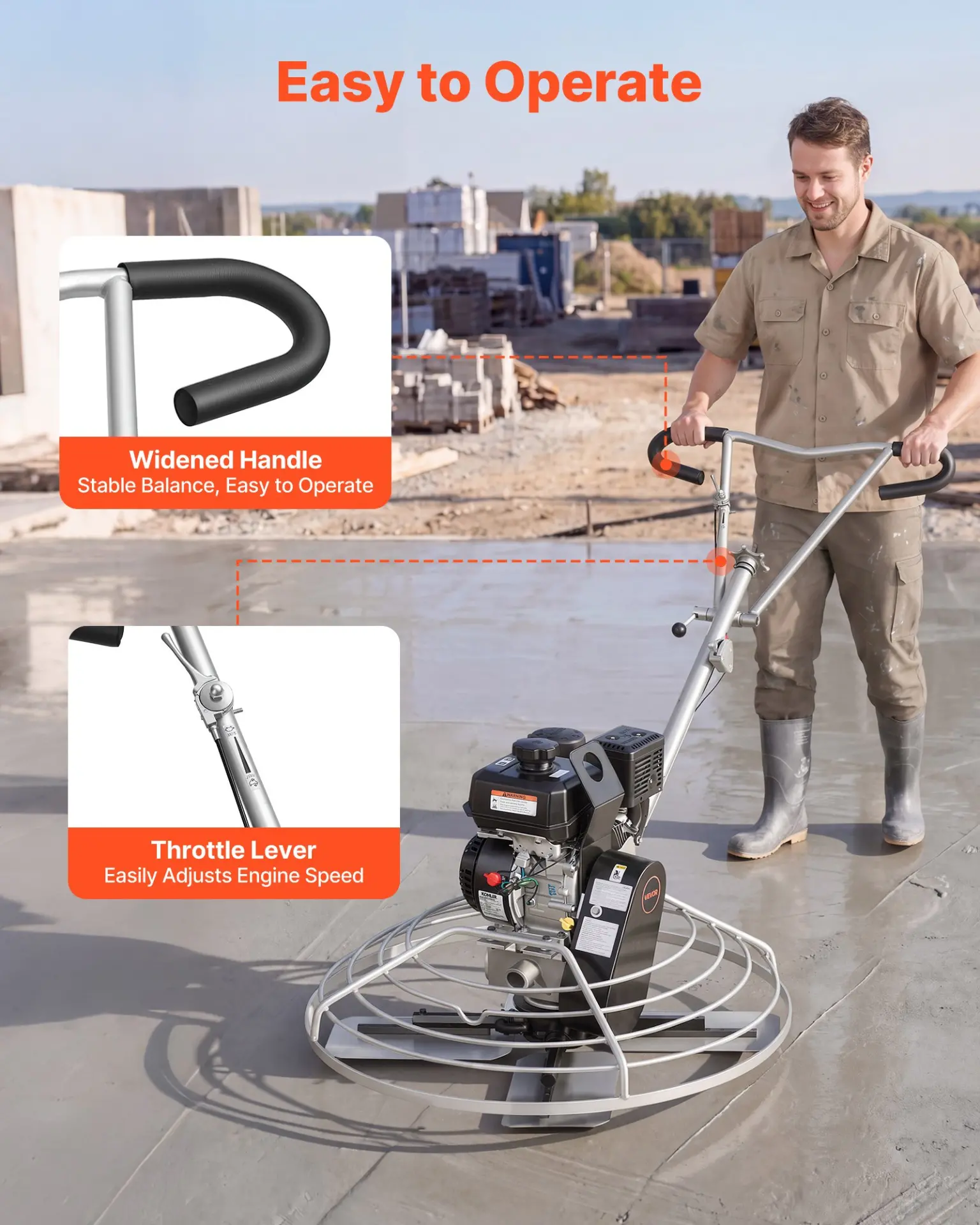 VEVOR Power Trowel, 38 inch Concrete Finishing Machine with Float Pan, 7HP Kohler Engine, 4 Blades, Adjustable Pitch, Gas-Powered Walk-Behind Cement Surface Finisher for Smooth Floors, Construction - Image 4