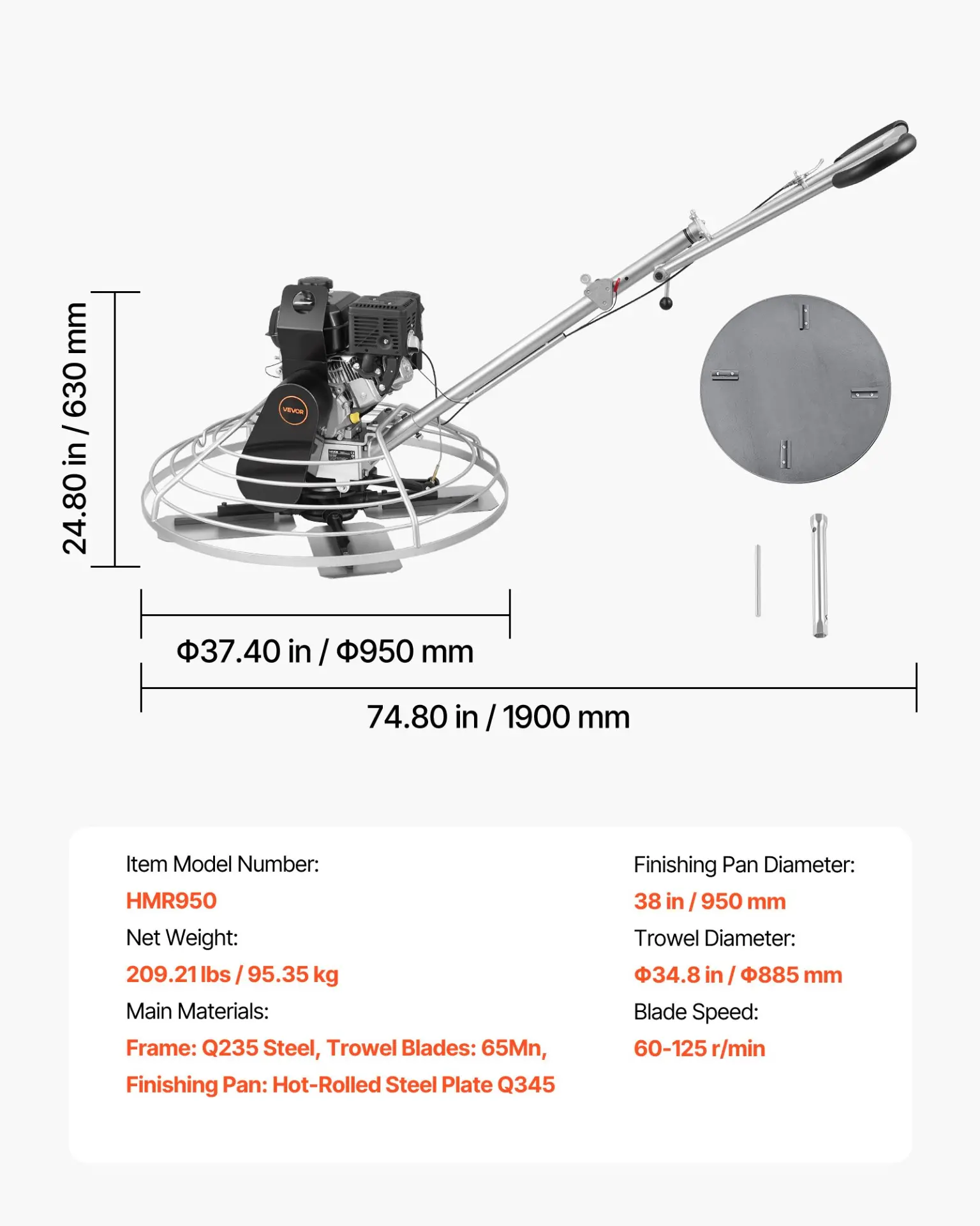 VEVOR Power Trowel, 38 inch Concrete Finishing Machine with Float Pan, 7HP Kohler Engine, 4 Blades, Adjustable Pitch, Gas-Powered Walk-Behind Cement Surface Finisher for Smooth Floors, Construction - Image 6
