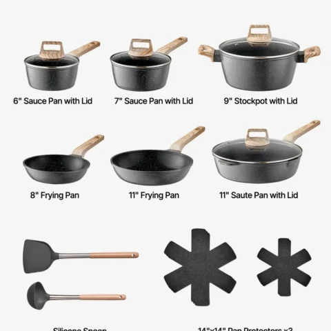VEVOR 17 Piece Pots and Pans Set Nonstick, Granite Cookware Set, Induction Cookwares, Kitchen RV Cooking Sets with Frying, Sauce, Saute, Tempered Glass Lids, and Pan Protectors, Black