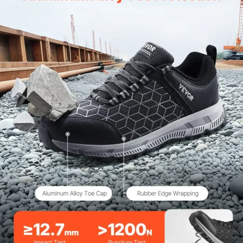 VEVOR Steel Toe Shoes for Men, US Size 9 Wide, Mens Cushion Sport Safety Toe Athletic Work Shoe, Indestructible Safety Sneakers Lightweight,Breathable Industry Construction Work Shoes, Black