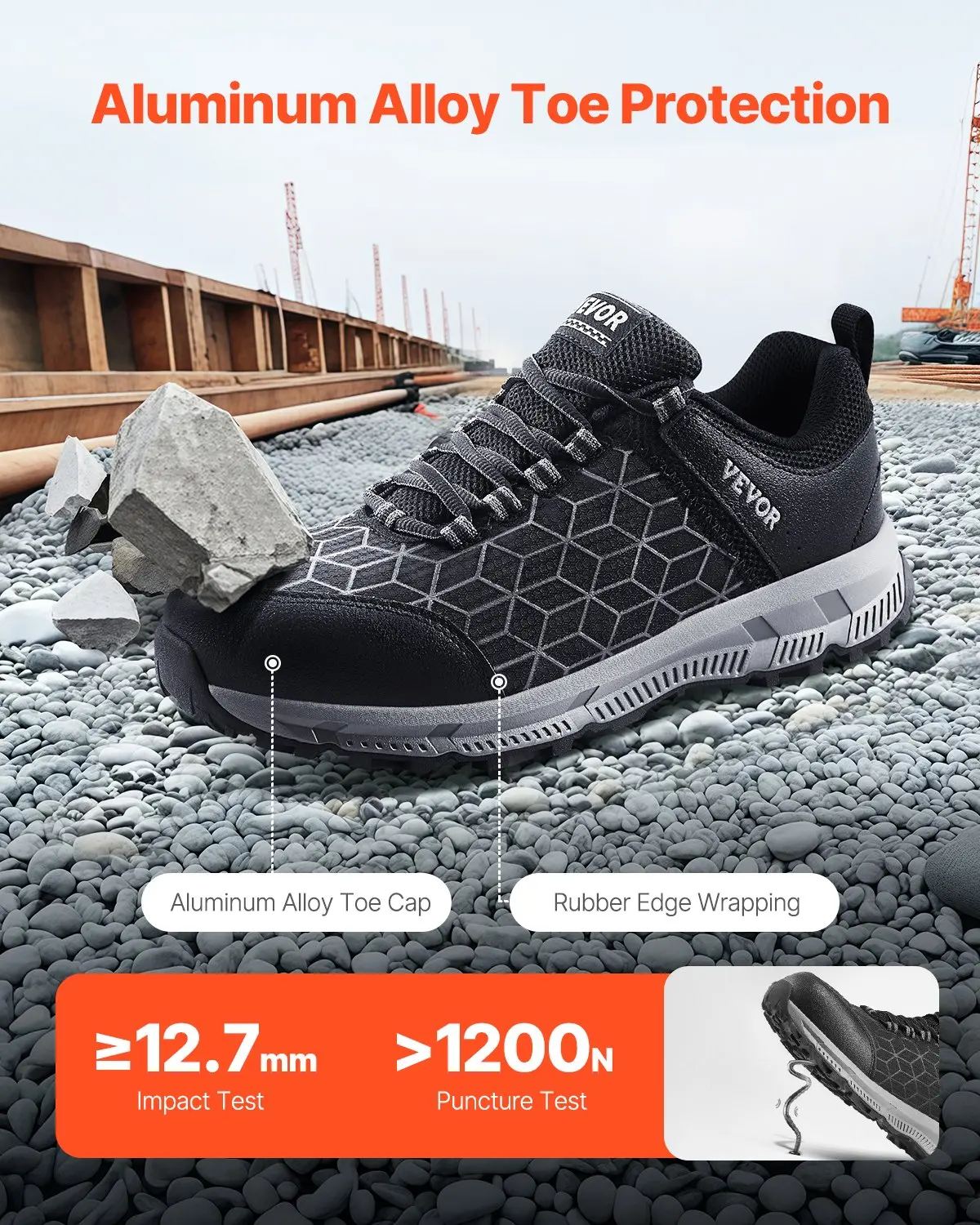 VEVOR Steel Toe Shoes for Men, US Size 9 Wide, Mens Cushion Sport Safety Toe Athletic Work Shoe, Indestructible Safety Sneakers Lightweight,Breathable Industry Construction Work Shoes, Black
