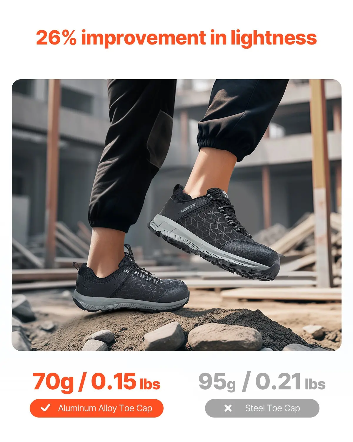 VEVOR Steel Toe Shoes for Men, US Size 9 Wide, Mens Cushion Sport Safety Toe Athletic Work Shoe, Indestructible Safety Sneakers Lightweight,Breathable Industry Construction Work Shoes, Black - Image 2
