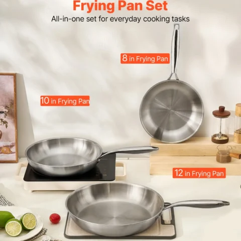 VEVOR Tri-Ply Stainless Steel Frying Pan, 3 Pcs Set (8, 10, 12 in), Cooking Skillet with Heat-Resistant Handle, Chef's Kitchen Cookware, Oven, Gas, Electric, Induction, Dishwasher Compatible, Silver