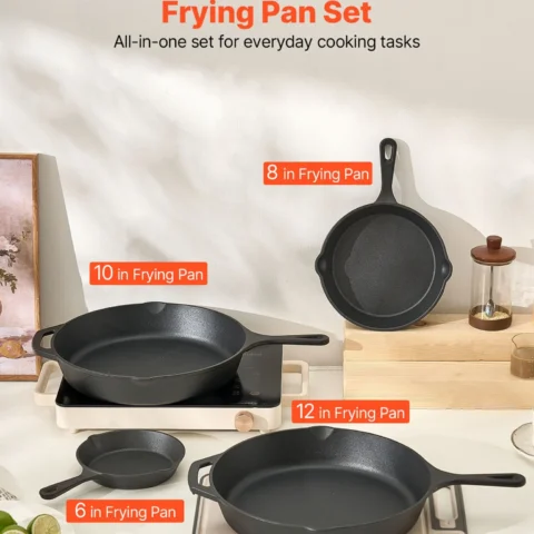 VEVOR Cast Iron Skillet, 4-Piece Frying Pan Set (6, 8, 10, 12 in), Skillets with Heat-Resistant Silicone Handle, Pre-Seasoned Chef's Pan, Kitchen Cookware, for Oven, Gas, Electrical, Induction, Black