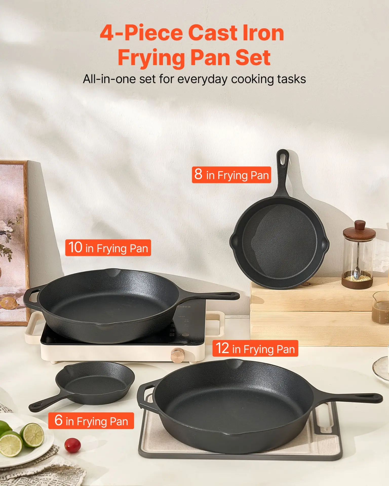 VEVOR Cast Iron Skillet, 4-Piece Frying Pan Set (6, 8, 10, 12 in), Skillets with Heat-Resistant Silicone Handle, Pre-Seasoned Chef's Pan, Kitchen Cookware, for Oven, Gas, Electrical, Induction, Black