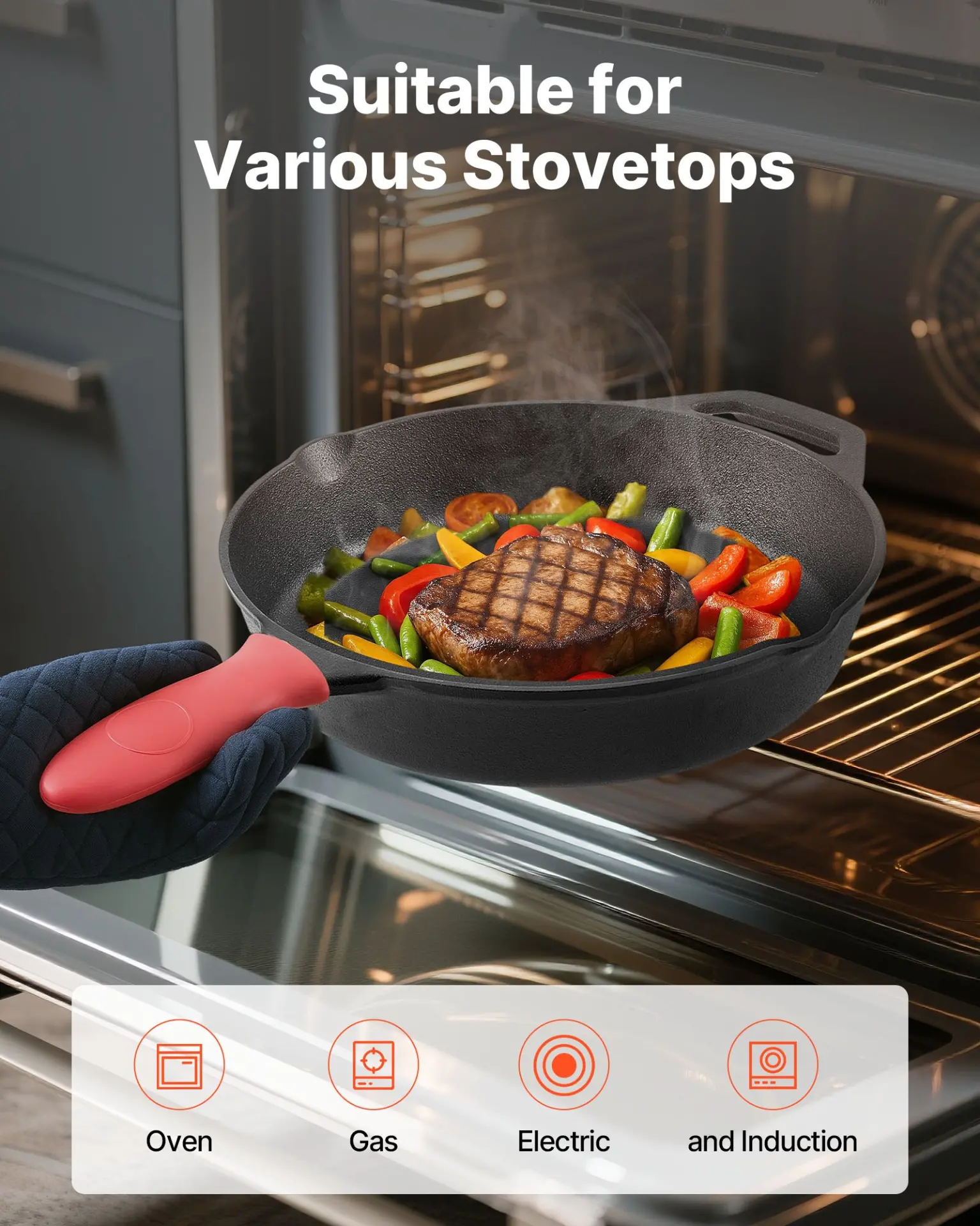 VEVOR Cast Iron Skillet, 4-Piece Frying Pan Set (6, 8, 10, 12 in), Skillets with Heat-Resistant Silicone Handle, Pre-Seasoned Chef's Pan, Kitchen Cookware, for Oven, Gas, Electrical, Induction, Black - Image 5