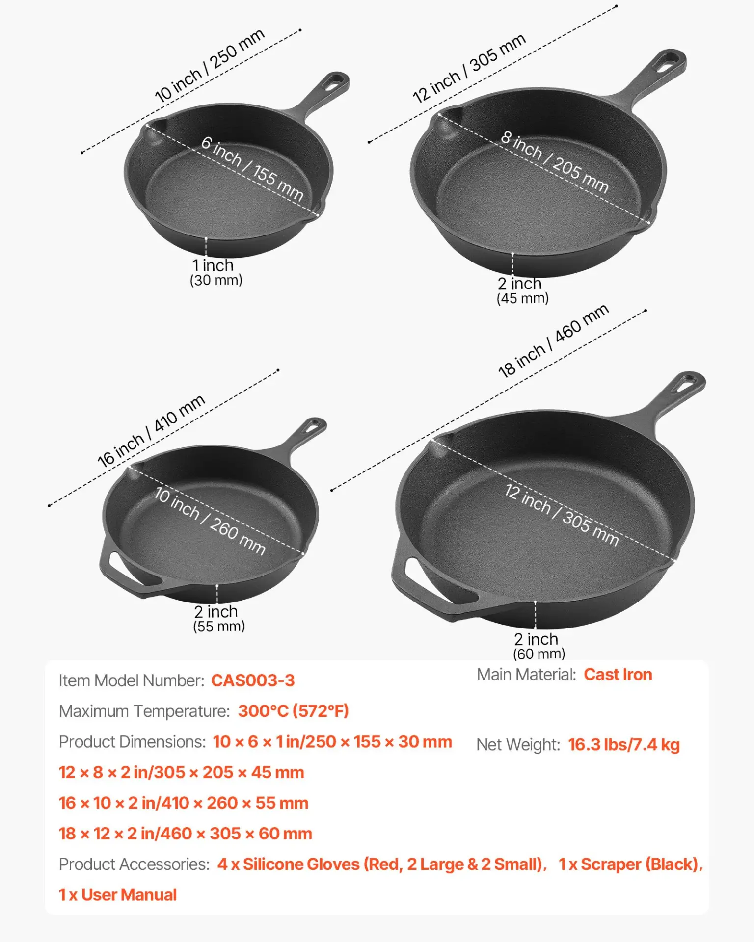 VEVOR Cast Iron Skillet, 4-Piece Frying Pan Set (6, 8, 10, 12 in), Skillets with Heat-Resistant Silicone Handle, Pre-Seasoned Chef's Pan, Kitchen Cookware, for Oven, Gas, Electrical, Induction, Black - Image 6