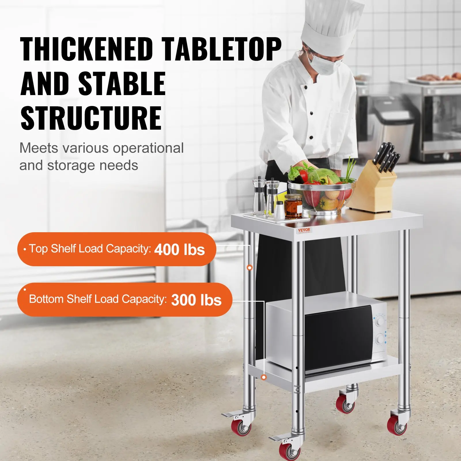 VEVOR Stainless Steel Work Table 24 x 18 x 34 Inch, 700 LBS Load Capacity with 4 Wheels, 3 Adjustable Height Levels, Heavy Duty Food Prep Worktable for Commercial Kitchen Restaurant, Silver - Image 23