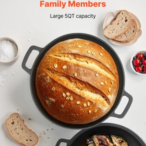 VEVOR Cast Iron Dutch Oven, 2-in-1 Pre-Seasoned Pot with Skillet Lid, 5QT Cookware Pan with Proofing Basket, Bread Baking Accessories, Bread-Oven Compatible 500