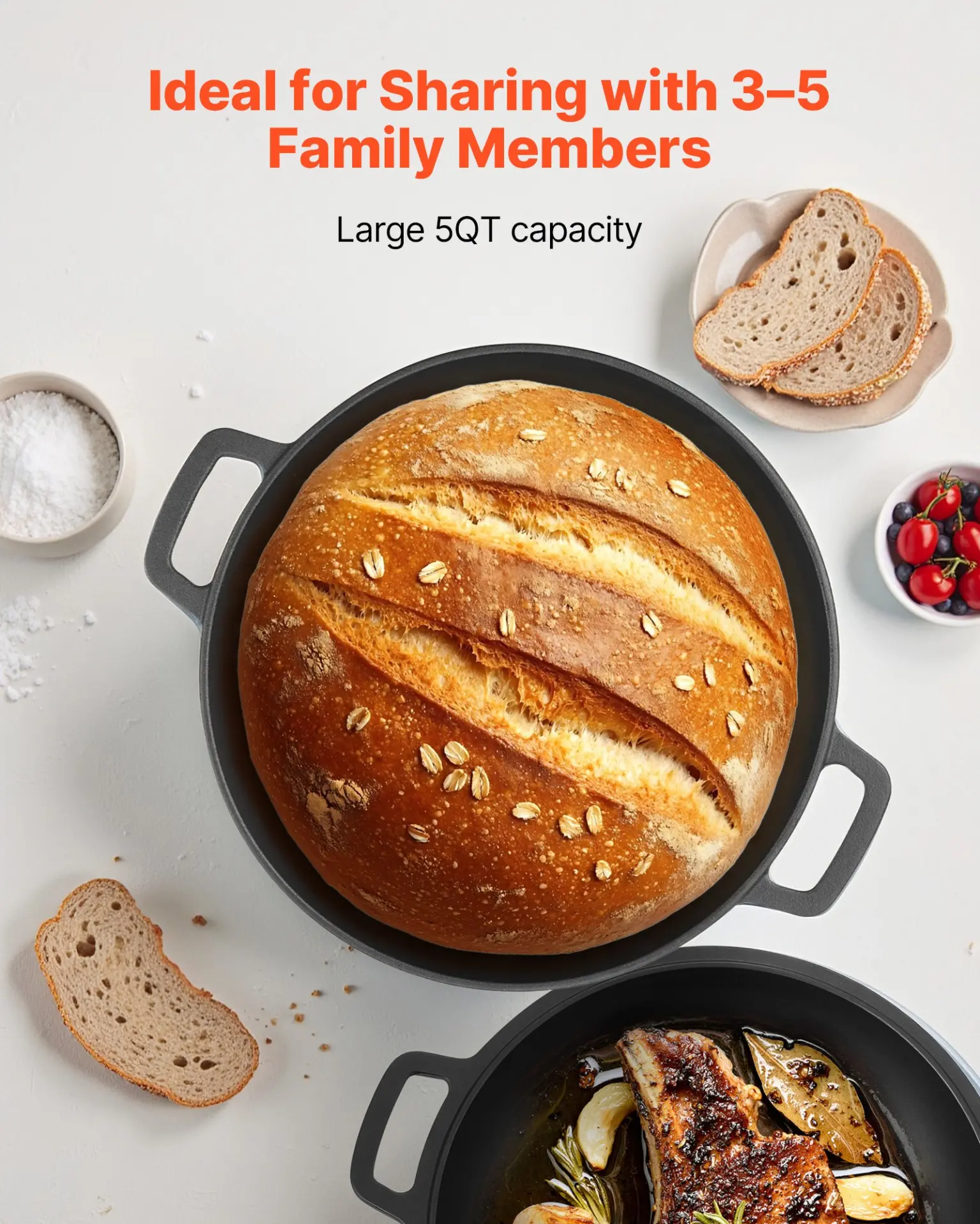 VEVOR Cast Iron Dutch Oven, 2-in-1 Pre-Seasoned Pot with Skillet Lid, 5QT Cookware Pan with Proofing Basket, Bread Baking Accessories, Bread-Oven Compatible 500