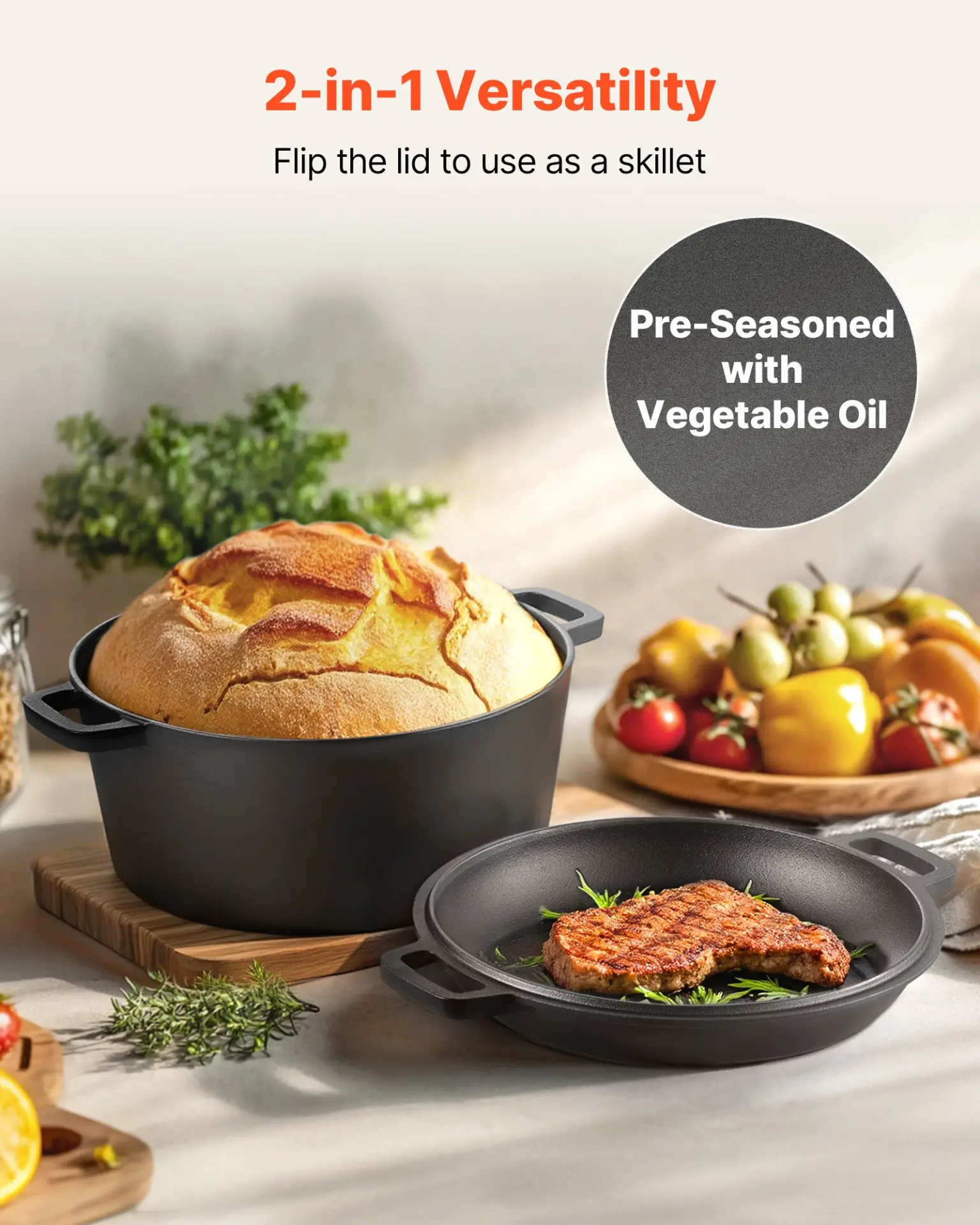 VEVOR Cast Iron Dutch Oven, 2-in-1 Pre-Seasoned Pot with Skillet Lid, 5QT Cookware Pan with Proofing Basket, Bread Baking Accessories, Bread-Oven Compatible 500 - Image 3