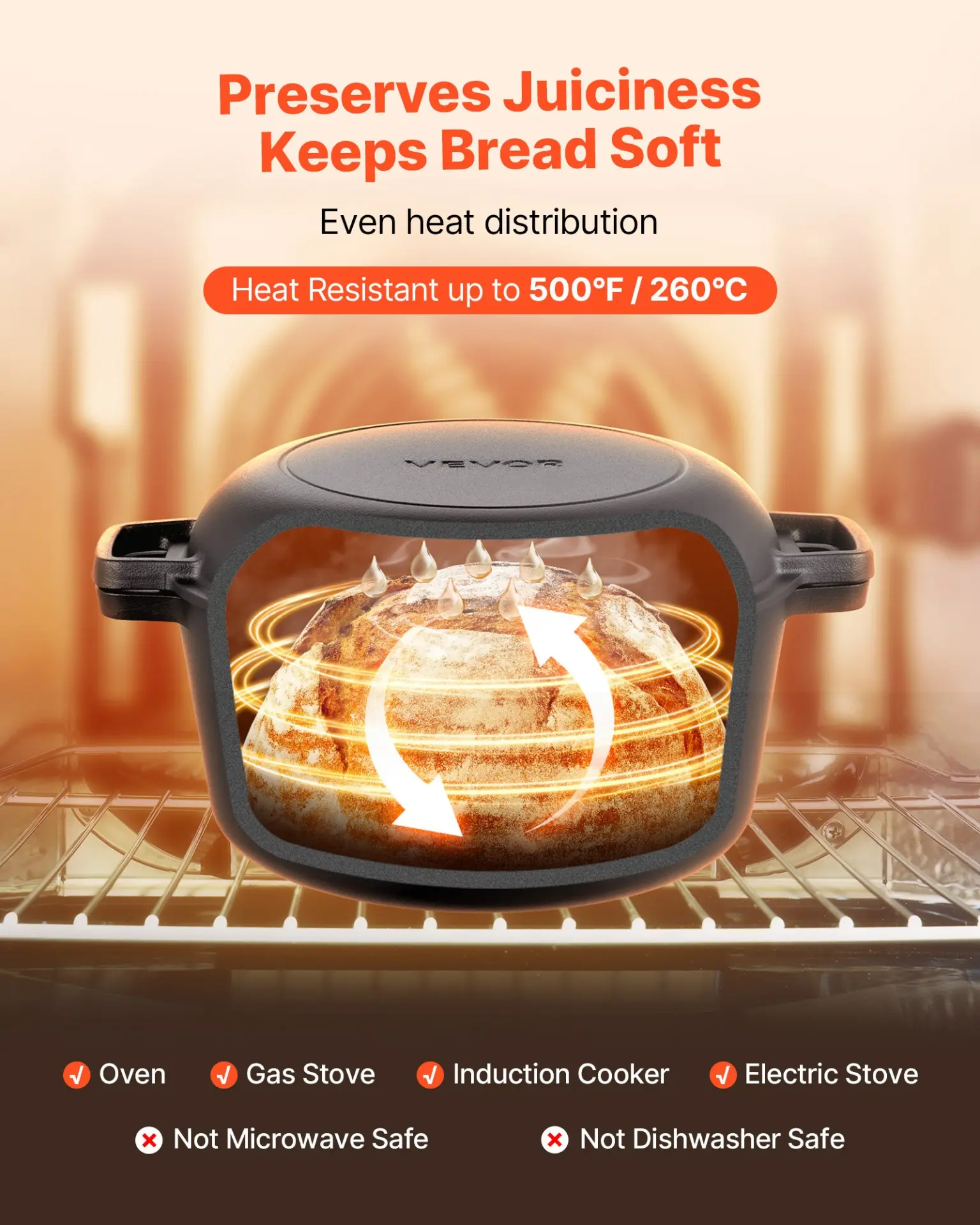 VEVOR Cast Iron Dutch Oven, 2-in-1 Pre-Seasoned Pot with Skillet Lid, 5QT Cookware Pan with Proofing Basket, Bread Baking Accessories, Bread-Oven Compatible 500 - Image 4