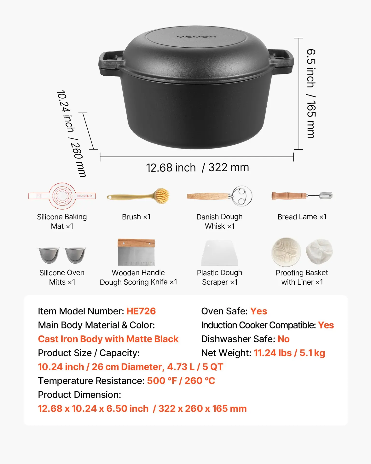VEVOR Cast Iron Dutch Oven, 2-in-1 Pre-Seasoned Pot with Skillet Lid, 5QT Cookware Pan with Proofing Basket, Bread Baking Accessories, Bread-Oven Compatible 500 - Image 6