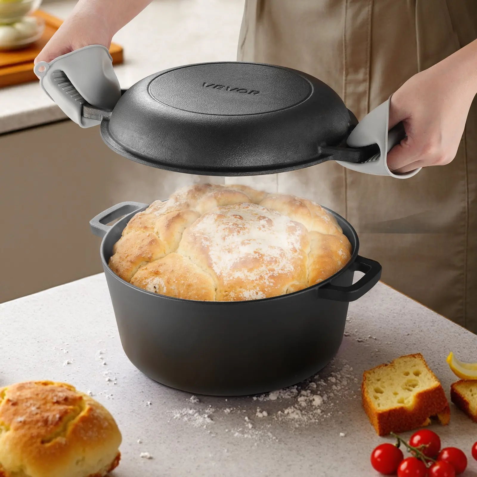 VEVOR Cast Iron Dutch Oven, 2-in-1 Pre-Seasoned Pot with Skillet Lid, 5QT Cookware Pan with Proofing Basket, Bread Baking Accessories, Bread-Oven Compatible 500 - Image 7