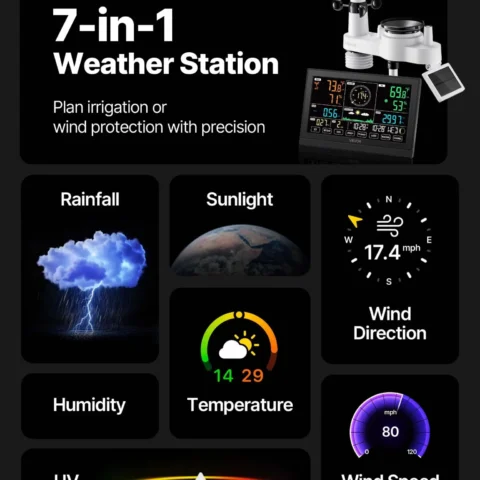 VEVOR 7-in-1 Wi-Fi Weather Station with APP, 7.5-Inch VA Display, Wireless Solar Powered Outdoor Sensor, Rain Gauge, Indoor Outdoor for Weather Forecast, Wind Speed, Temperature, Humidity, Rainfall