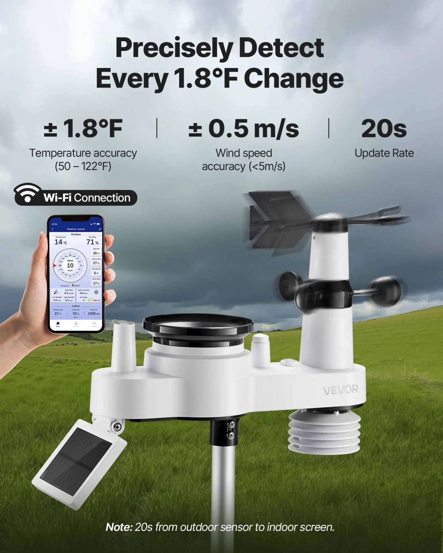 VEVOR 7-in-1 Wi-Fi Weather Station with APP, 7.5-Inch VA Display, Wireless Solar Powered Outdoor Sensor, Rain Gauge, Indoor Outdoor for Weather Forecast, Wind Speed, Temperature, Humidity, Rainfall - Image 2