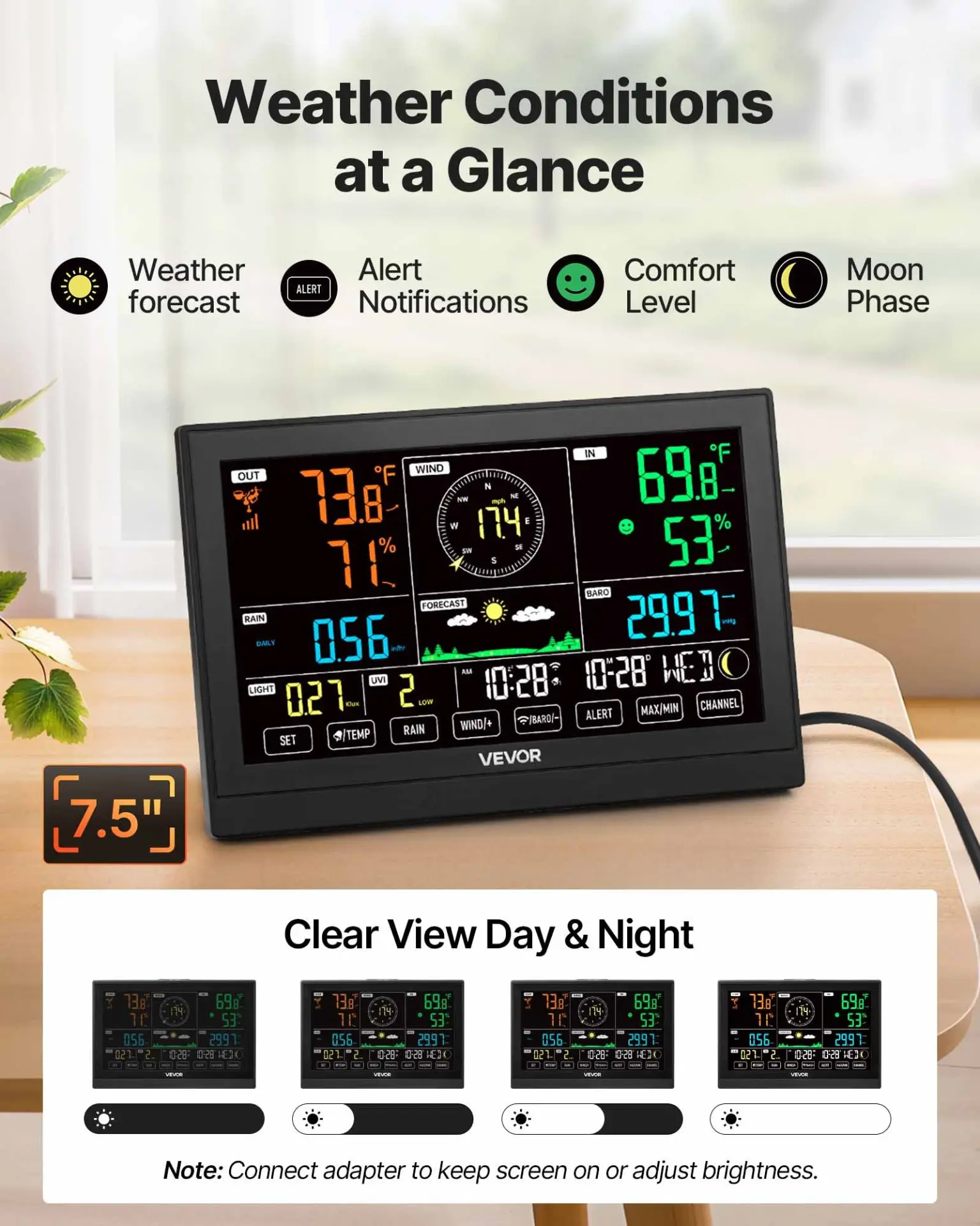 VEVOR 7-in-1 Wi-Fi Weather Station with APP, 7.5-Inch VA Display, Wireless Solar Powered Outdoor Sensor, Rain Gauge, Indoor Outdoor for Weather Forecast, Wind Speed, Temperature, Humidity, Rainfall - Image 3