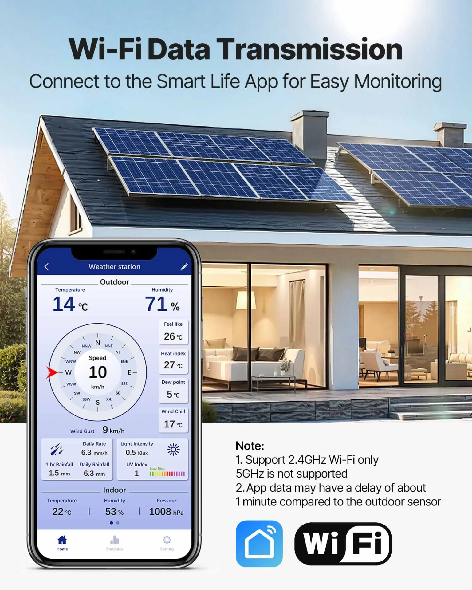 VEVOR 7-in-1 Wi-Fi Weather Station with APP, 7.5-Inch VA Display, Wireless Solar Powered Outdoor Sensor, Rain Gauge, Indoor Outdoor for Weather Forecast, Wind Speed, Temperature, Humidity, Rainfall - Image 6