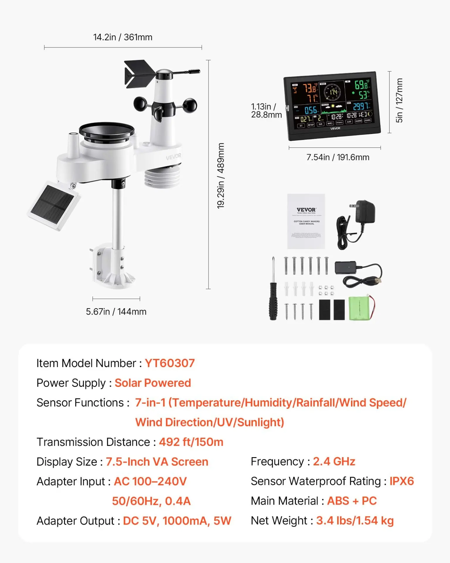 VEVOR 7-in-1 Wi-Fi Weather Station with APP, 7.5-Inch VA Display, Wireless Solar Powered Outdoor Sensor, Rain Gauge, Indoor Outdoor for Weather Forecast, Wind Speed, Temperature, Humidity, Rainfall - Image 13