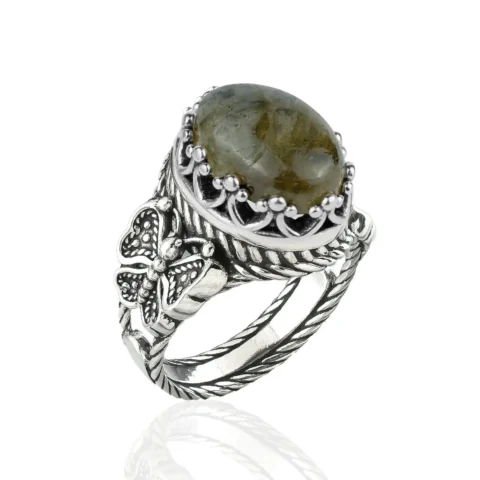 Labradorite Gemstone Filigree Art Double Butterfly Detailed Women Silver Statement Ring
